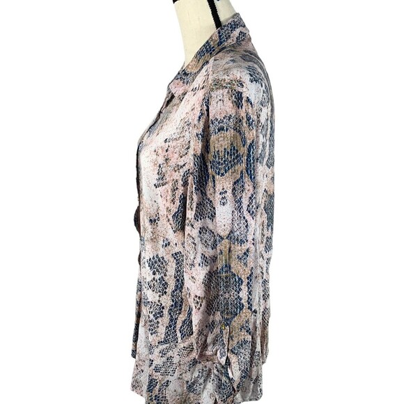 Como Vintage Slinky Snake Print Top 1/2 Button Hip Flare Tab Roll Sleeve Sz XL - Picture 7 of 10